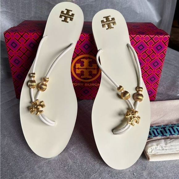 Tory Burch Capri Beaded Leather Tong Sandal/ New Ivory/Gold US 8 M/$248 NEW - Picture 6 of 6